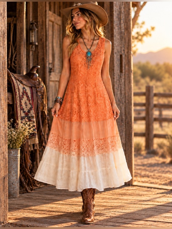 Reba Dresses & Skirts - Reba Orange Lace Rhinestone Embellished Boho Maxi Dress L
